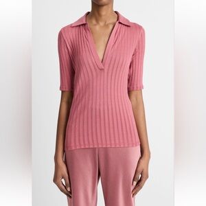 ‼️NEW Vince Rib Cotton Polo Peony Wood Short Sleeves Top